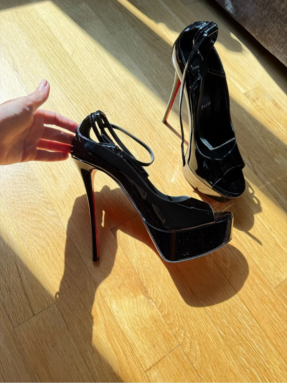 Christian Louboutin Black Patent Peep-Toe Lace-Up Platform Pumps with Red Sole